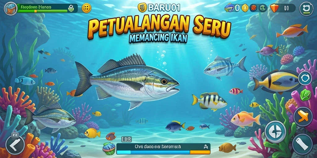 Tampilan gameplay seru di BARU01 saat menangkap ikan.