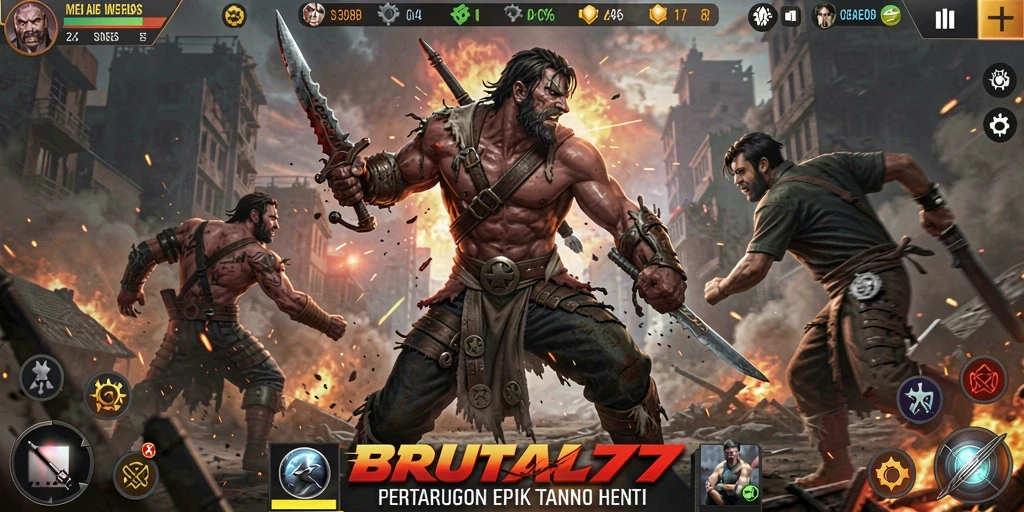 Tangkapan layar dari pertarungan aksi intens dalam BRUTAL77.