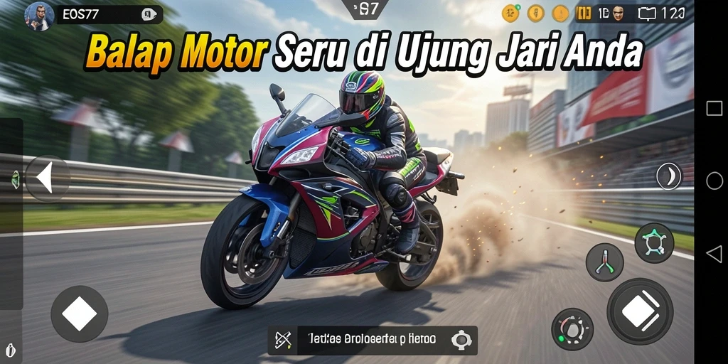 Screenshot menunjukkan gameplay balap motor yang mendebarkan.