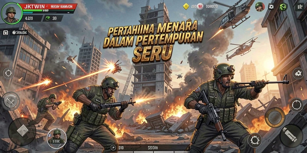 Tangkapan layar permainan JKTWIN menampilkan menara yang beraksi melawan musuh.