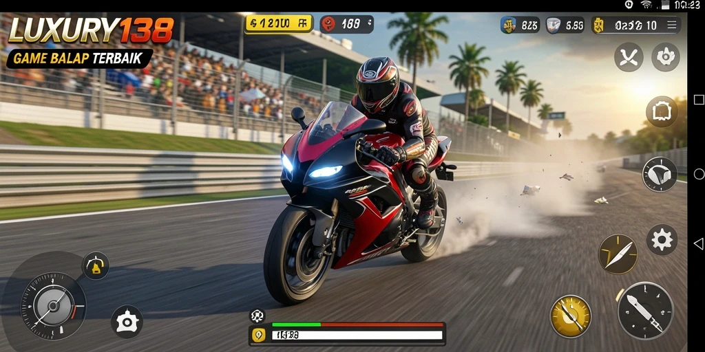 Screenshot gameplay LUXURY138 menampilkan balapan motor yang mendebarkan.