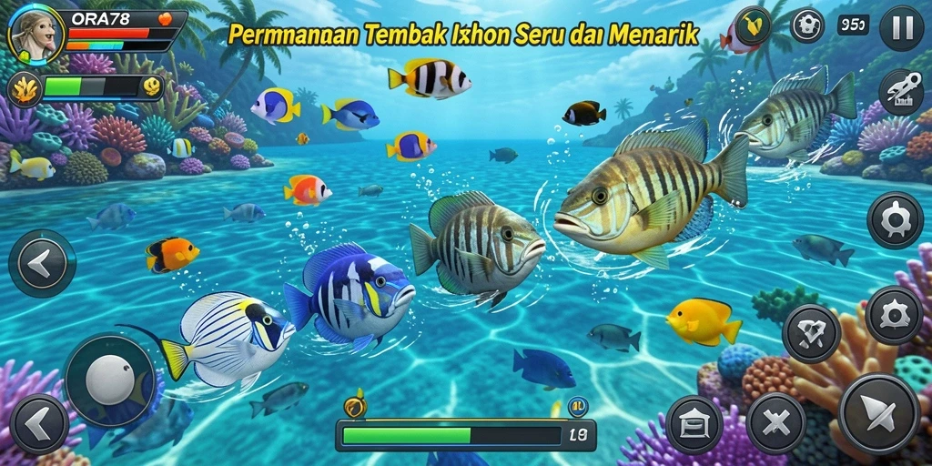 Screenshot gameplay ORA78 dengan aksi menembak ikan yang seru.