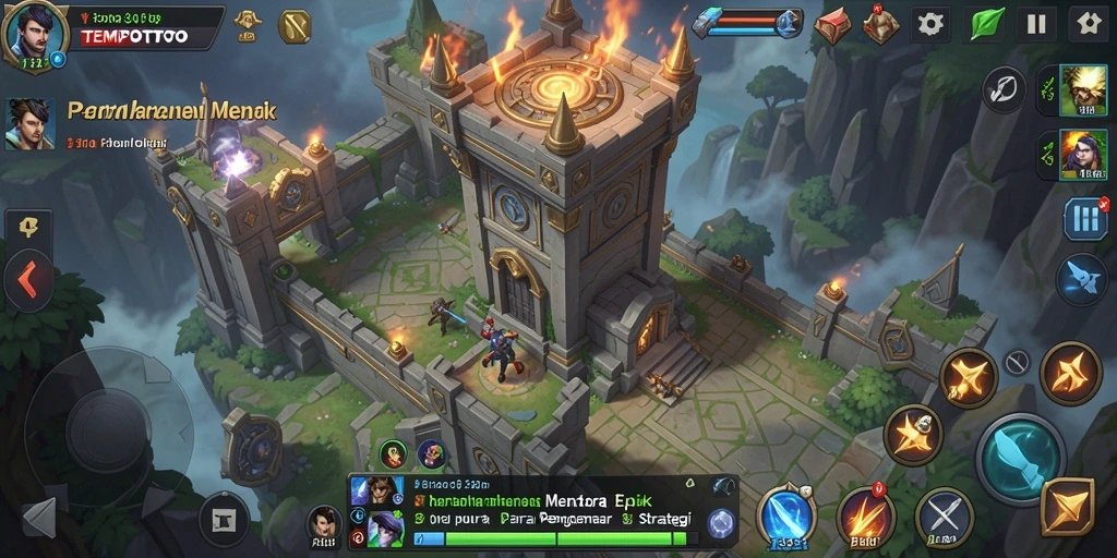 Screenshot gameplay Tower Defense di TEMPOTOTO menampilkan menara beroperasi melawan gelombang musuh.