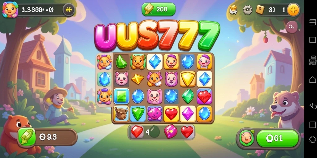 Gameplay UUS777 dengan berbagai kombinasi cerah pada papan Match-3.